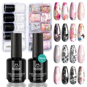 Beetles Nail Foil Glue Gel 2Pcs 15ml with 20 Pcs Lace Flower Butterfly Stickers